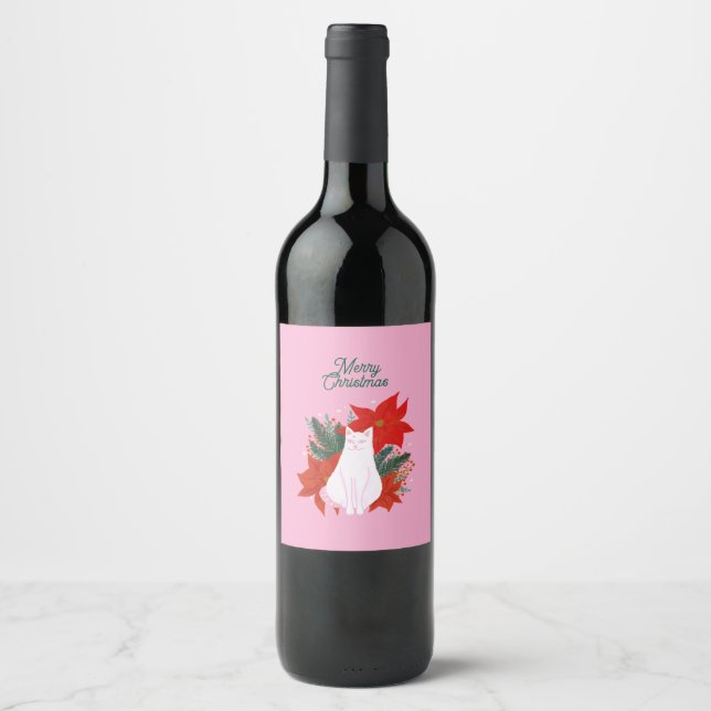 Frohe Weihnachten Floral Cat Weinetikett (Vorderseite)