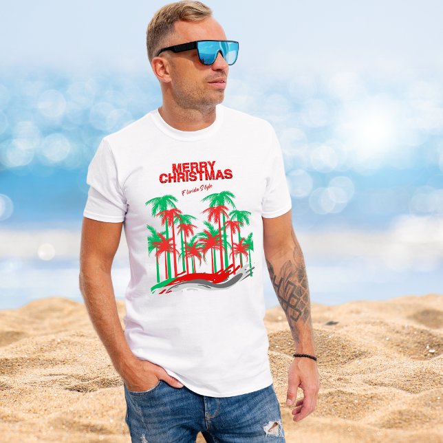 Frohe Weihnachten Florida Stil Rote Grüne Palmen B T-Shirt (Von Creator hochgeladen)