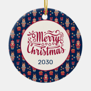 Frohe Weihnachten Folk Santa Reindeer Blue Custom Keramik Ornament