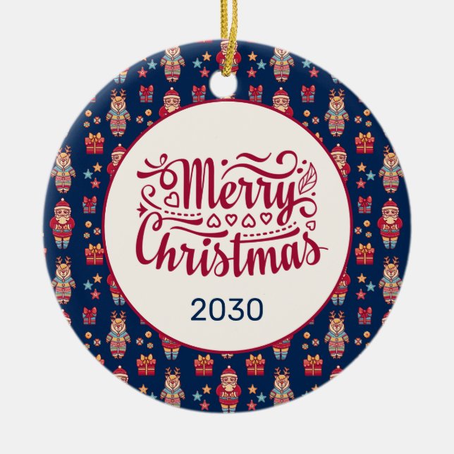 Frohe Weihnachten Folk Santa Reindeer Blue Custom Keramik Ornament (Vorne)