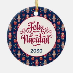 Frohe Weihnachten Folk Santa Rentiere Blau Benutze Keramik Ornament