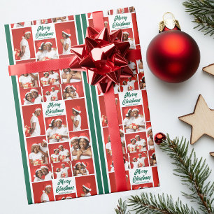 Frohe Weihnachten Foto-Collage 2025 Grüne Schrift Geschenkpapier