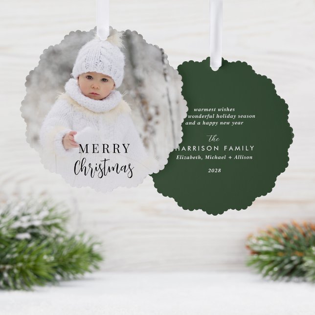 Frohe Weihnachten Foto Grünen Urlaub Ornament Karte (Share the love and warmth of the holiday season with a photo paper ornament card)