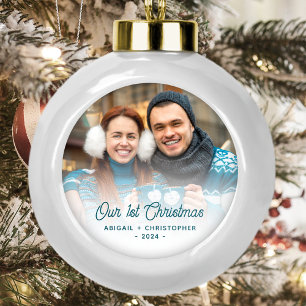 Frohe Weihnachten Foto Neuvermählte Türkis Schrift Keramik Kugel-Ornament