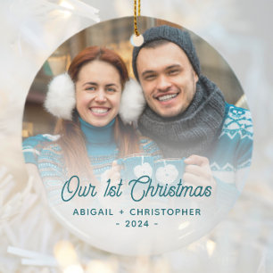 Frohe Weihnachten Foto Neuvermählte Türkis Schrift Keramik Ornament