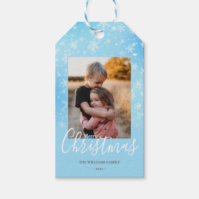 Frohe Weihnachten Foto Simple Snowflakes Blau Geschenkanhänger (Vorderseite)