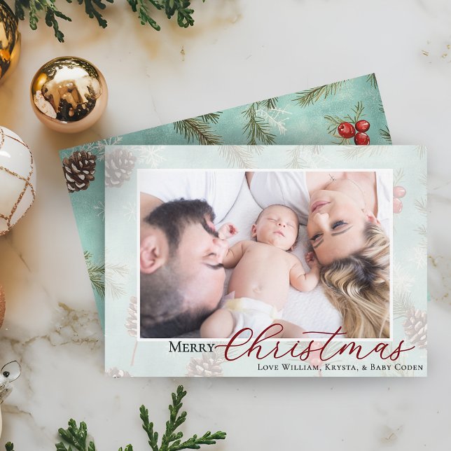 Frohe Weihnachten Foto Winter Grüne (Merry Christmas Photo Winter Greenery Holiday Card)