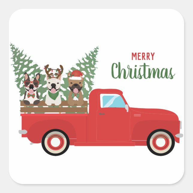 Frohe Weihnachten Französisch Bulldogs Red Lieferw Quadratischer Aufkleber (Vorderseite)