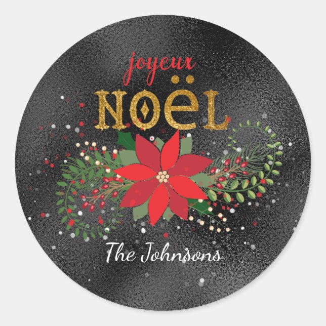 Frohe Weihnachten Französischer Black Glass Glitze Runder Aufkleber (Vorderseite)