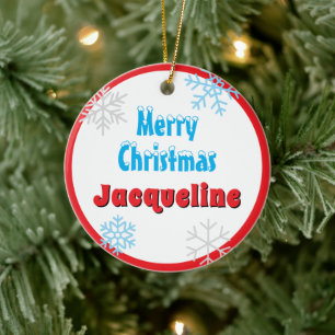 Frohe Weihnachten Frieden Schneeflocken Roter Name Keramik Ornament