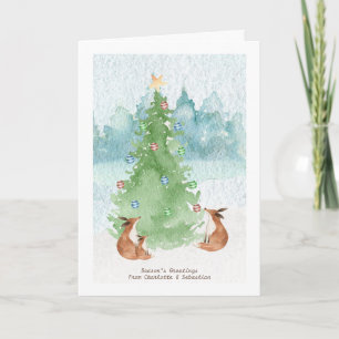 Frohe Weihnachten Fuchs Familie Mit Baum Wasserfar Karte