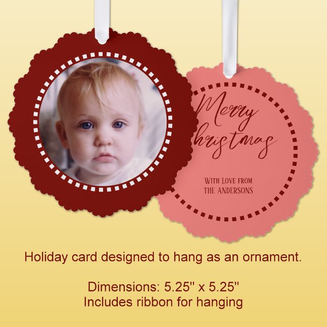 Frohe Weihnachten fügen Foto Familienname rot Ornament Karte (Von Creator hochgeladen)