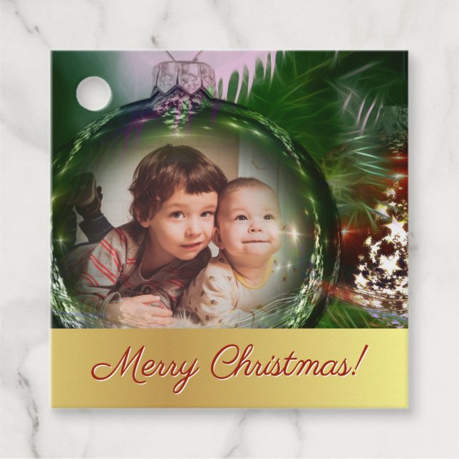 Frohe Weihnachten! Fun Bauble Foto Frame-Markierun Geschenkanhänger (Vorderseite)