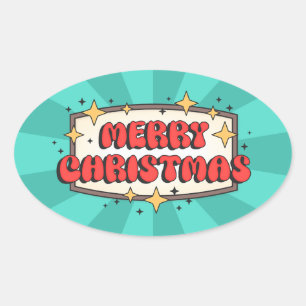 Frohe Weihnachten funky Text, groovy Retro-Cartoon Ovaler Aufkleber
