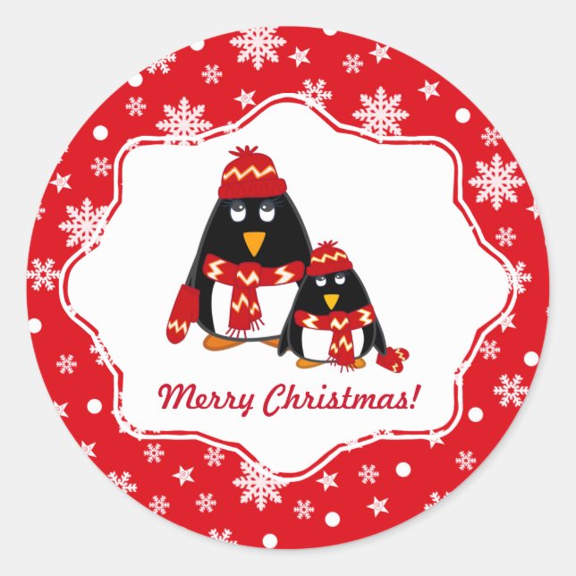 Frohe Weihnachten. Funny Little Penguins Runder Aufkleber (Vorderseite)