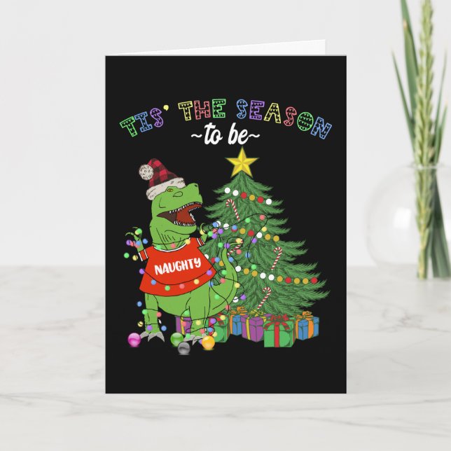 Frohe Weihnachten Funny Naughty Dinosaur Karte (Vorderseite)