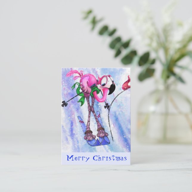 Frohe Weihnachten - Funny Pink Flamingo Skier - Sp Mitteilungskarte (Stehend Vorderseite)