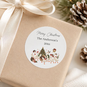 Frohe Weihnachten Gänse Familienparty Aquarell Runder Aufkleber