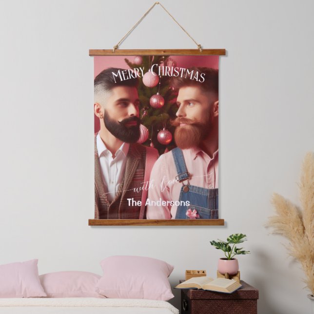 Frohe Weihnachten Gay Retro Rosa | Benutzerdefinie Wandteppich Mit Holzrahmen (Schlafzimmer)