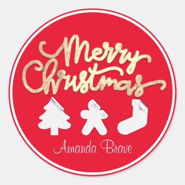 Frohe Weihnachten Gerahmt Tree Name Gold Red White Runder Aufkleber (Vorderseite)
