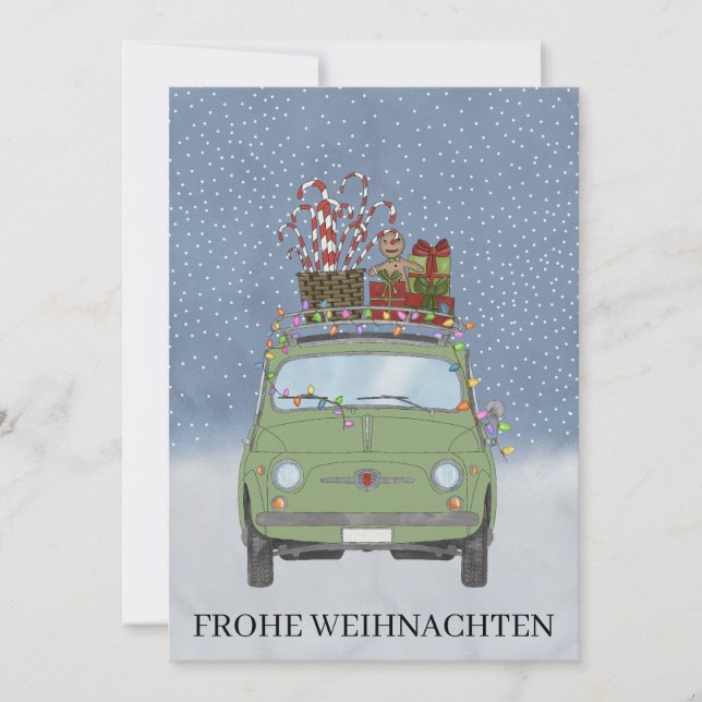 Frohe Weihnachten German Christmas Green Fiat 500 (Vorderseite)