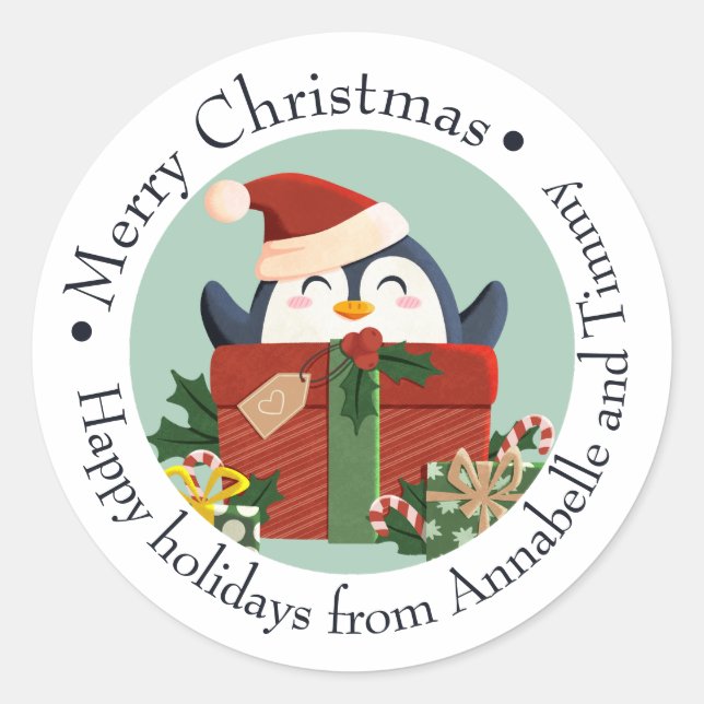 Frohe Weihnachten Geschenkaufkleber mit Pinguin Runder Aufkleber (Vorderseite)