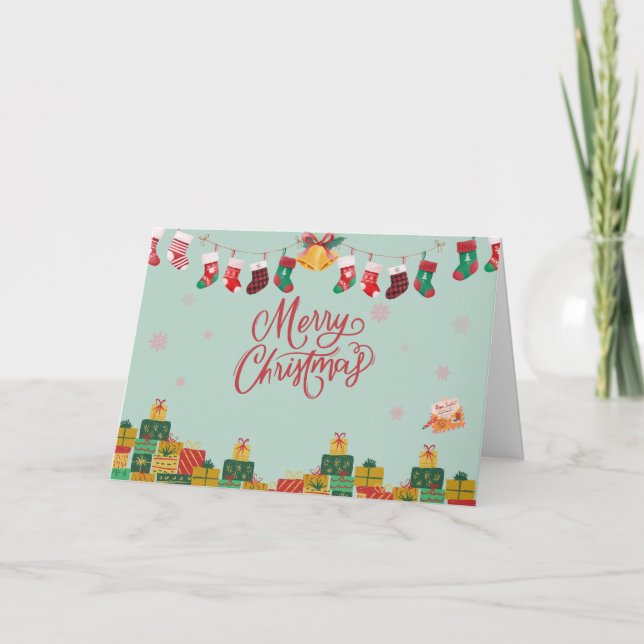 Frohe Weihnachten Geschenkboxen und Strümpfe Karte (Vorderseite)