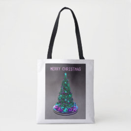 Frohe Weihnachten. Geschmückter Baum mit Geschenke Tasche