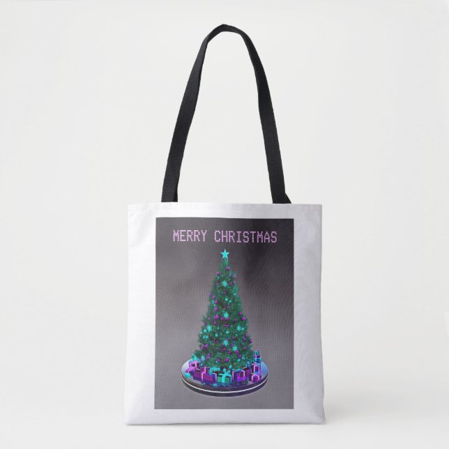 Frohe Weihnachten. Geschmückter Baum mit Geschenke Tasche (Vorderseite)