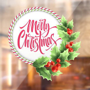 Frohe Weihnachten Gestreifte Girlande Stechpalmen- Fensteraufkleber