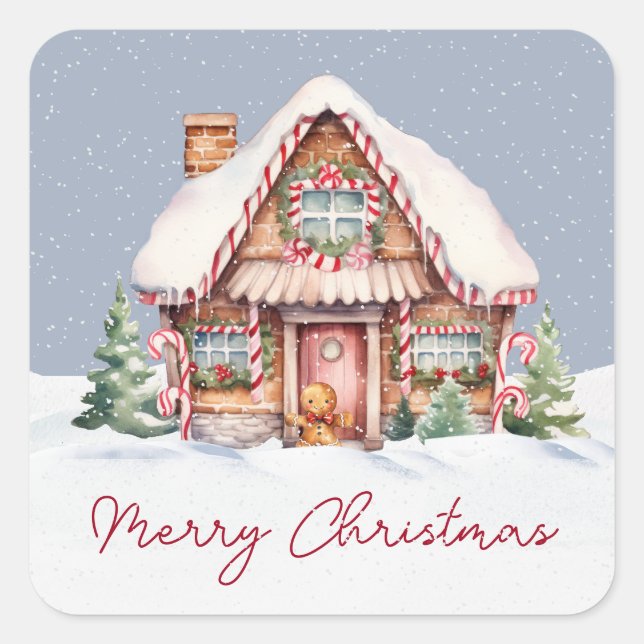 Frohe Weihnachten Gingerbread House Quadratischer Aufkleber (Vorderseite)