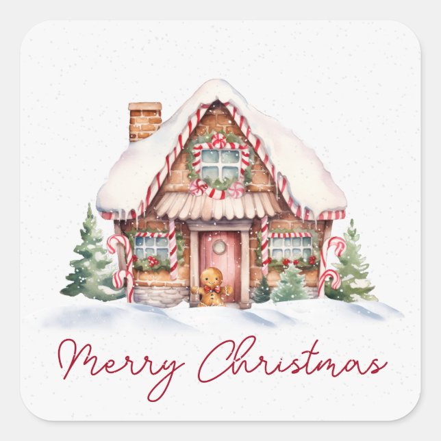 Frohe Weihnachten Gingerbread House Quadratischer Aufkleber (Vorderseite)