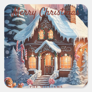 Frohe Weihnachten Gingerbread House Quadratischer Aufkleber