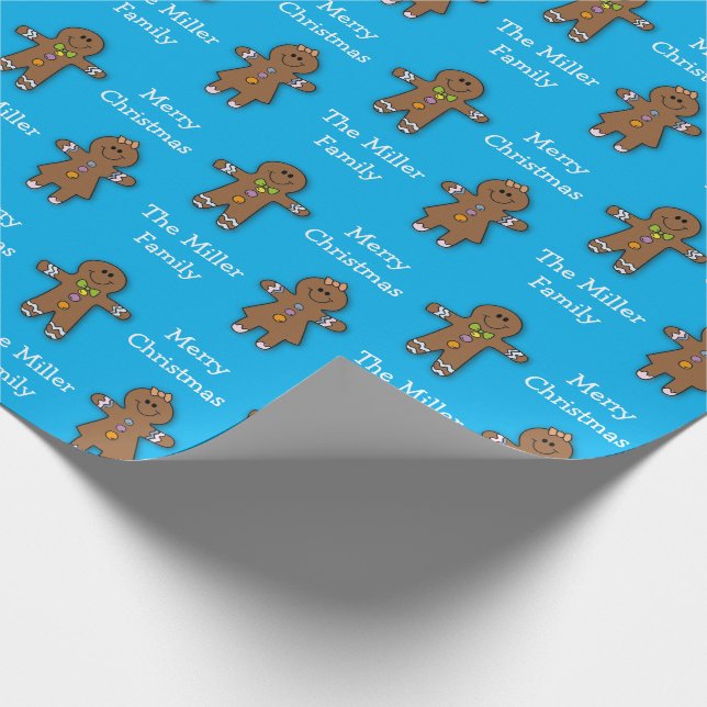 Frohe Weihnachten Gingerbread Man Blue Custom Geschenkpapier (Ecke)