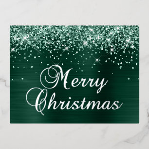 Frohe Weihnachten Glänzende Kiefer Grün Folien Feiertagspostkarte