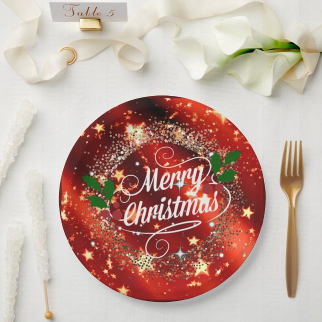 Frohe Weihnachten, glänzende Rot und Gold, Pappteller (Hochzeit)