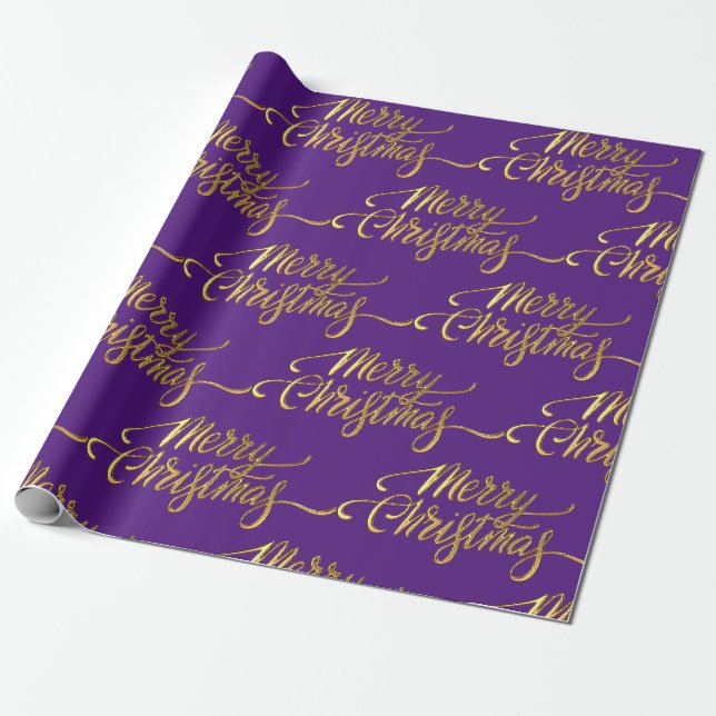Frohe Weihnachten, glänzendes lila und goldenes De Geschenkpapier (Ungerollt)