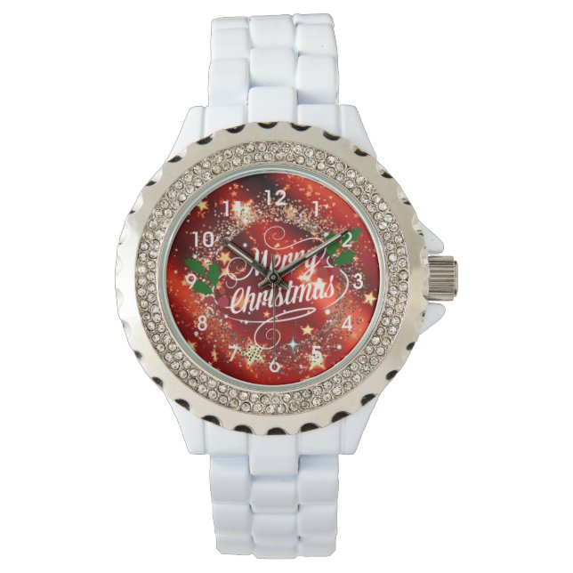 Frohe Weihnachten, glänzendes Rot- und Golddesign Armbanduhr (Vorderseite)