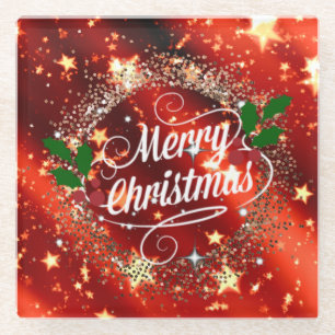 Frohe Weihnachten, glänzendes Rot- und Golddesign Glasuntersetzer