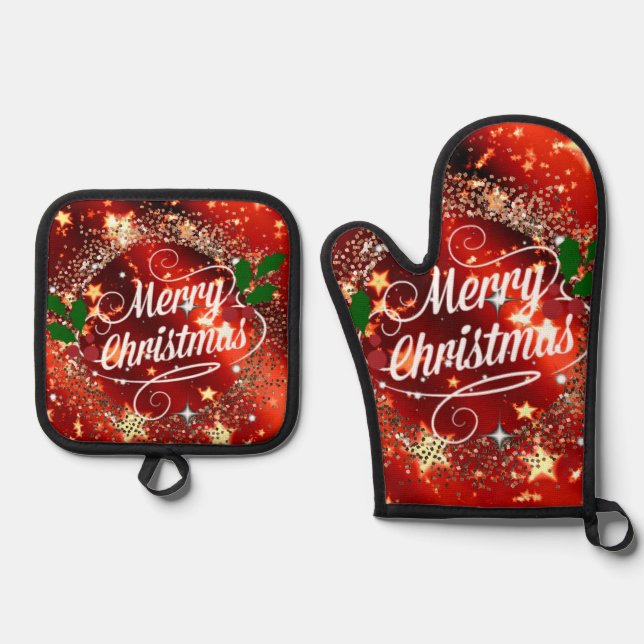 Frohe Weihnachten, glänzendes Rot- und Golddesign Ofenhandschuh & Topflappen-Set (Vorderseite)