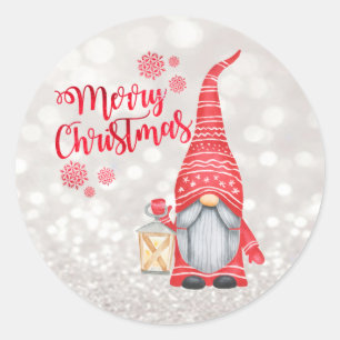 Frohe Weihnachten,Glitter Bokeh,Cute Gnome Runder Aufkleber