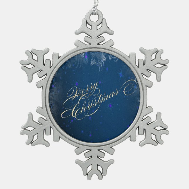 Frohe Weihnachten, Glitzer, Blau Schneeflocken Zinn-Ornament (Vorderseite)