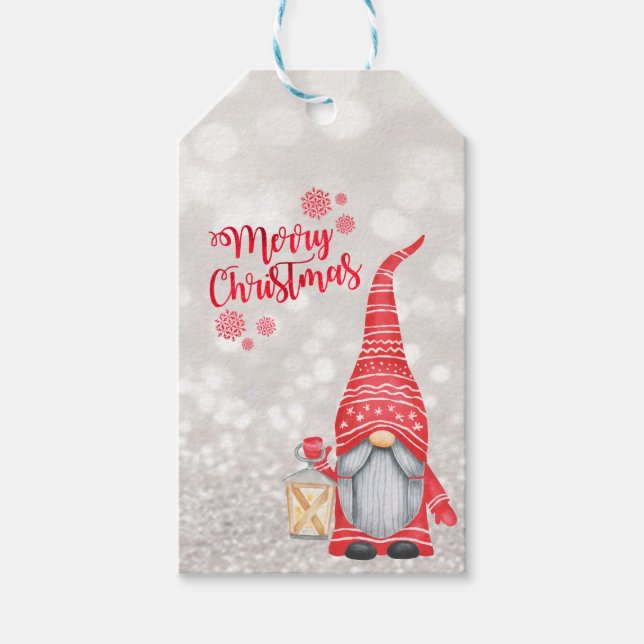Frohe Weihnachten, Glitzer Bokeh, Niedlicher Gnome Geschenkanhänger (Vorderseite)
