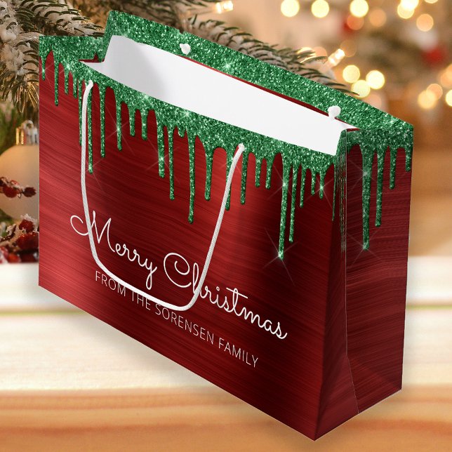 Frohe Weihnachten Glitzer Tropfen Red Green Glam Große Geschenktüte (Von Creator hochgeladen)