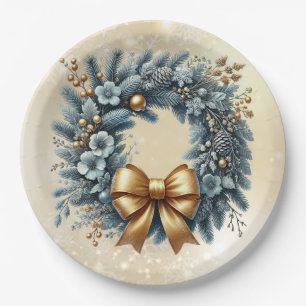 Frohe Weihnachten Glück Neujahr Blue Gold Wreath Pappteller
