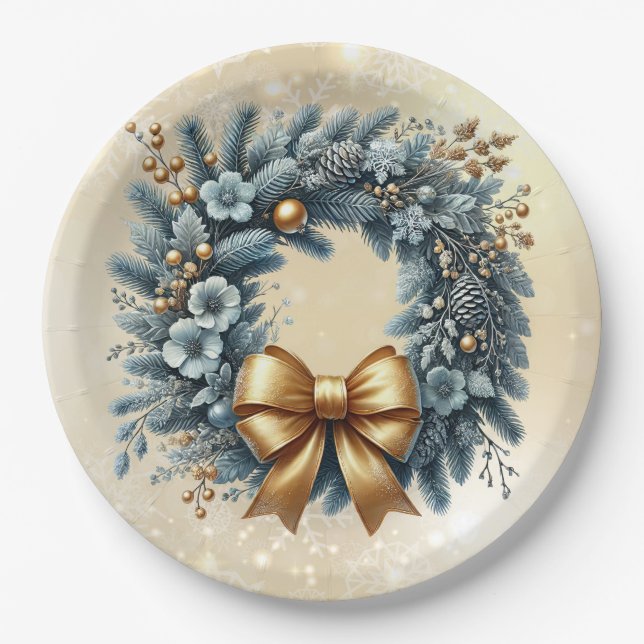 Frohe Weihnachten Glück Neujahr Blue Gold Wreath Pappteller (Vorderseite)