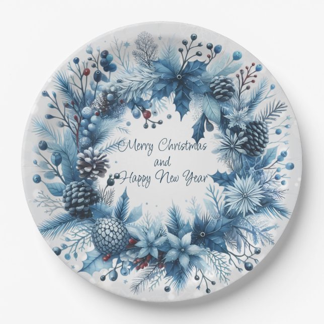 Frohe Weihnachten Glück Neujahr Blue Wreath Pappteller (Vorderseite)