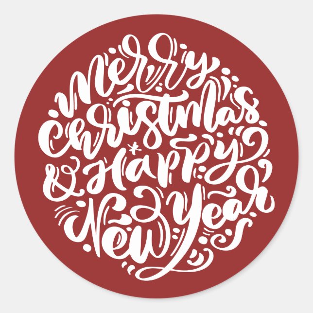 Frohe Weihnachten & Glück Neujahr Calligrafy Red Runder Aufkleber (Vorderseite)