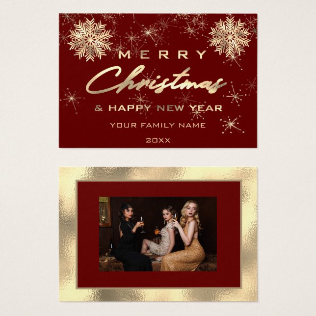 Frohe Weihnachten Glück Neujahr Gold Burgundy Foto (Vorne & Hinten)