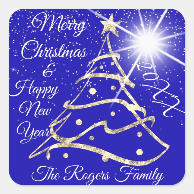 Frohe Weihnachten & Glück Neujahr Gold Royal Blue Quadratischer Aufkleber (Vorderseite)